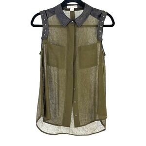 90s Olive Sheer Studded Snakeskin Top Mesh Sleeveless Small Indie Sleeze Edgy